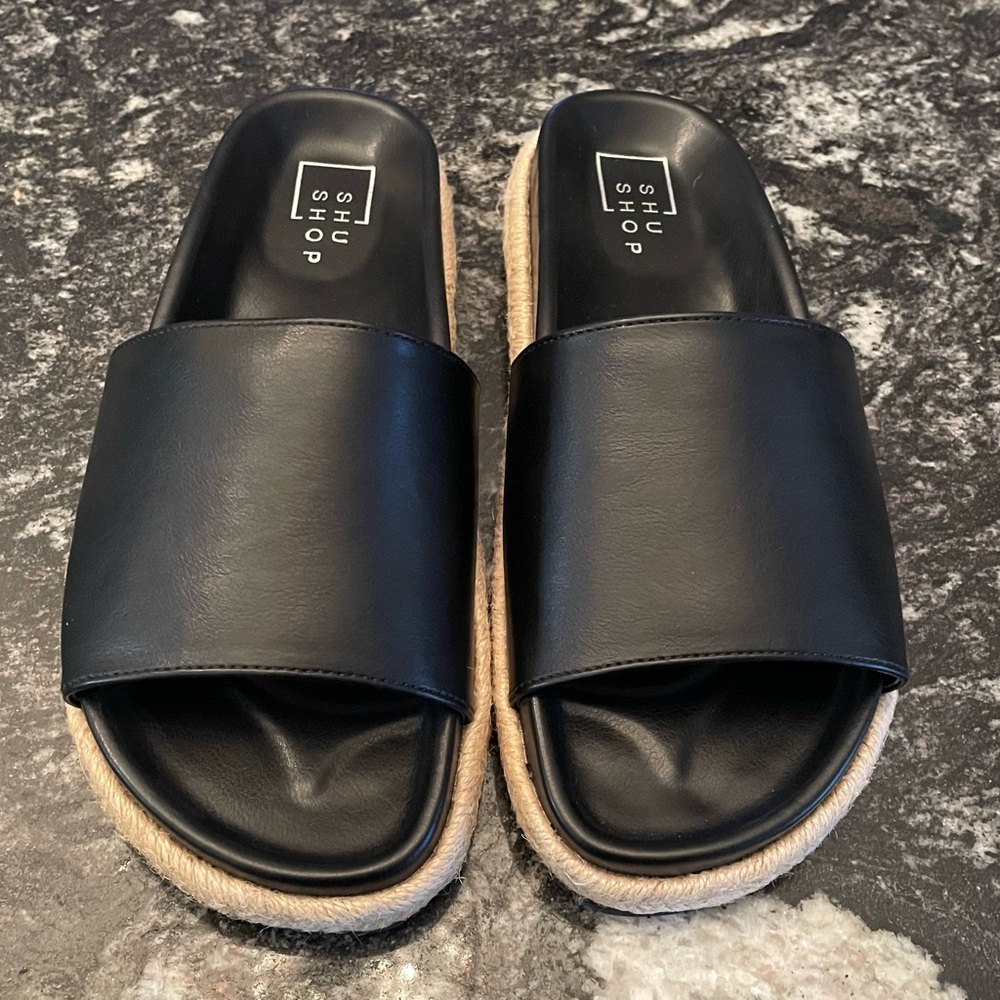 ShuShop Black Slide Sandals with Rope-Trim Sole